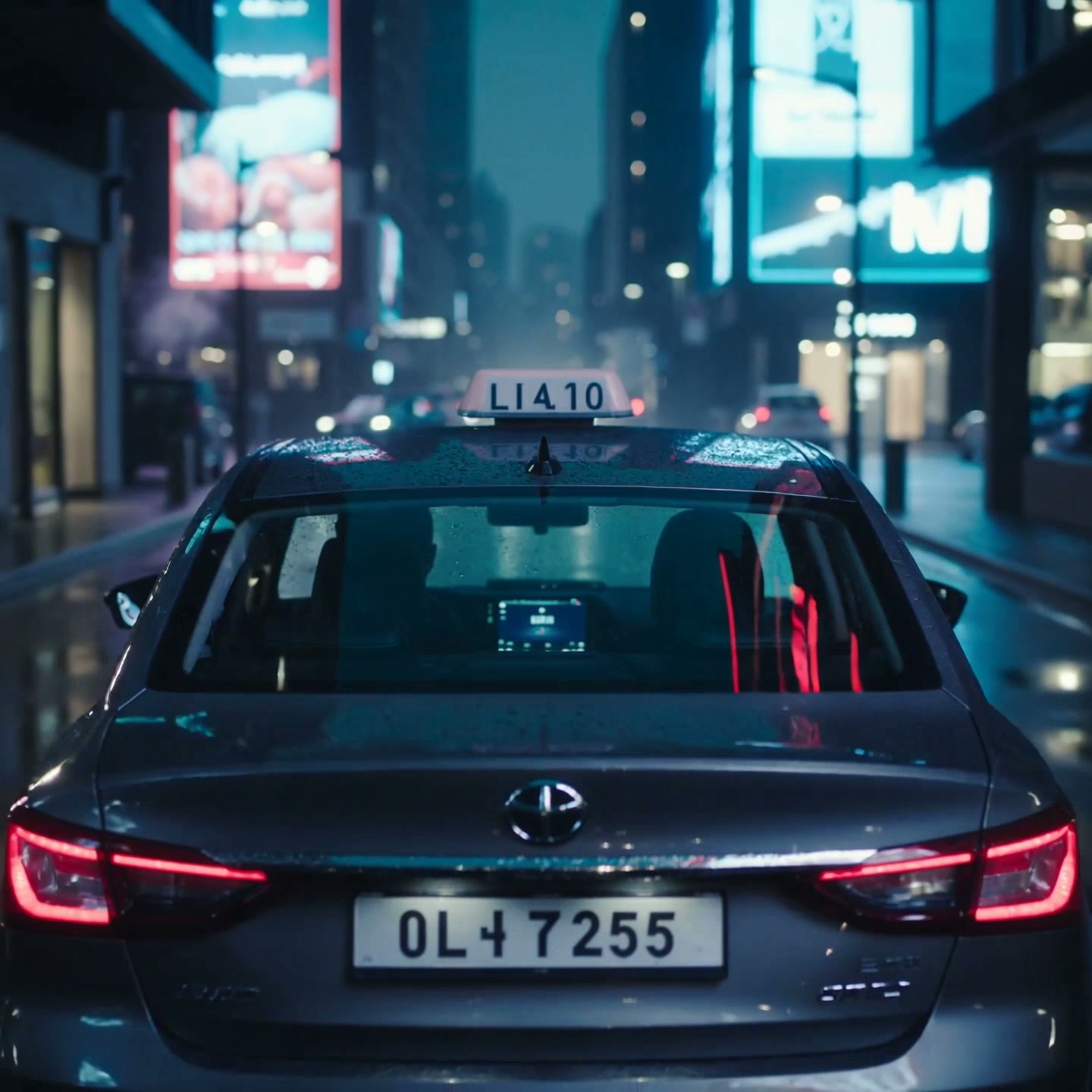 A lone taxi drives through a futuristic neon city in heavy rain, holographic signs flicker, raindrops slide down the windshield, the driver's face lit by blue and pink reflections, cinematic lighting, atmospheric mood, shallow depth of field, camera tracking from behind the car.