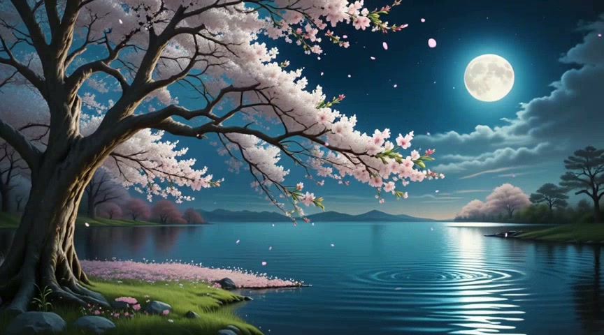 A peaceful lake surrounded by cherry blossom trees under the moonlight, oil painting on textured canvas, impressionist brushstrokes, gentle pastel palette, inspired by Claude Monet.