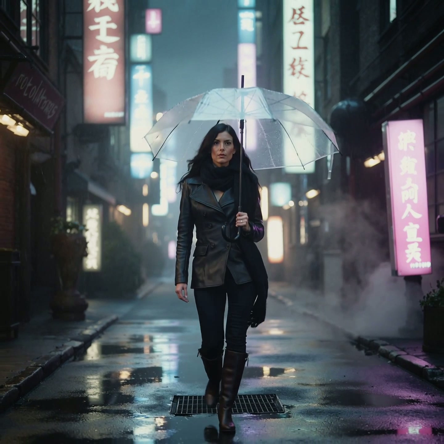 A lone woman with a transparent umbrella walks slowly through a neon-lit cyberpunk alley at night. Rain reflections on wet pavement, cinematic close-up shots, shallow depth of field, soft bokeh lights, slow camera dolly in, 4K, dramatic lighting, film-grade color.