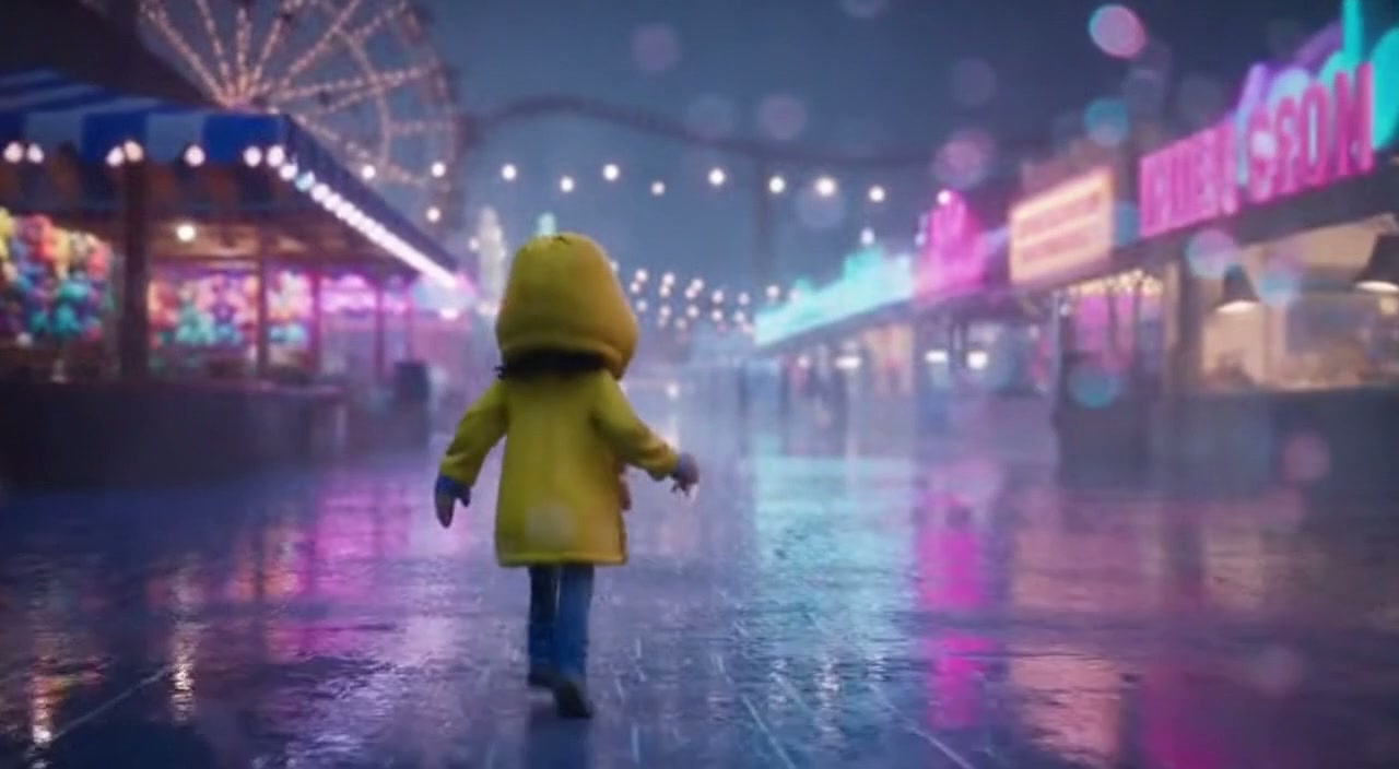 A girl in a yellow raincoat runs through a glowing amusement park at night, neon reflections on wet pavement, raindrops hitting lens, camera follows handheld from behind, emotional storytelling, depth of field, Pixar × live-action crossover.