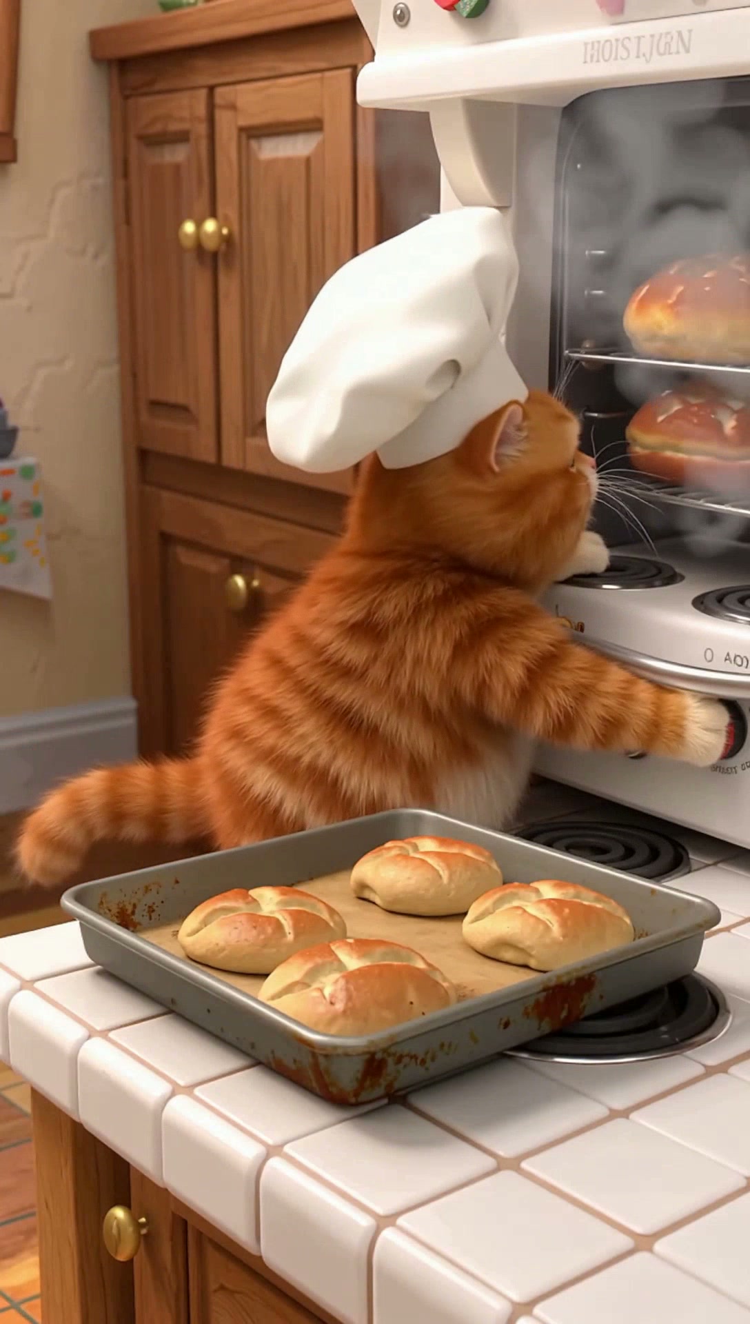 Cute chubby cat wearing chef hat, baking bread inside a tiny bakery, steam from oven, 3D Pixar style, vertical TikTok shot, adorable, 9:16.