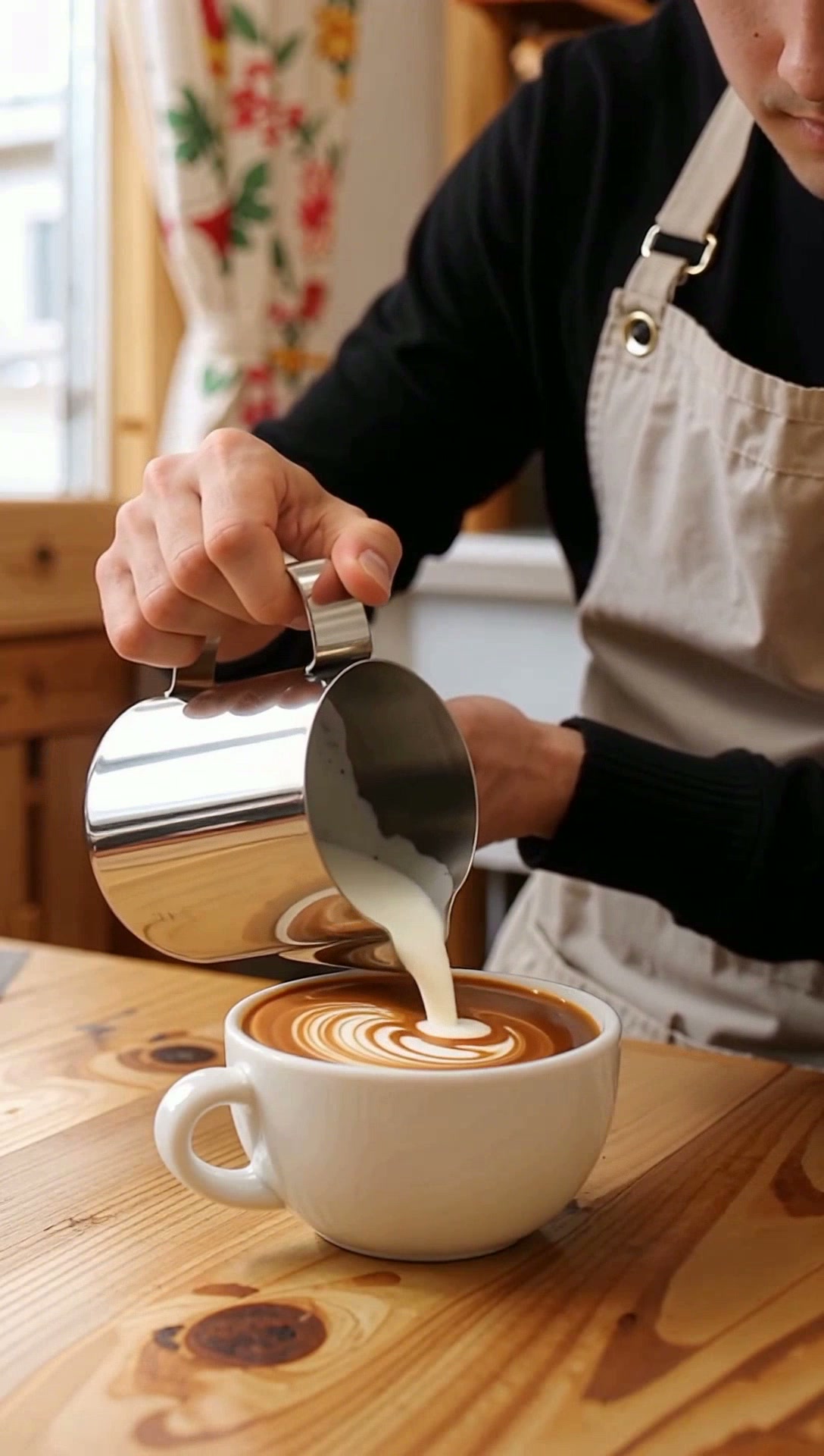 Barista pours milk into an espresso shot, latte art forming slowly, soft warm lighting, bokeh background, shallow depth of field, 9:16 aesthetic shot.